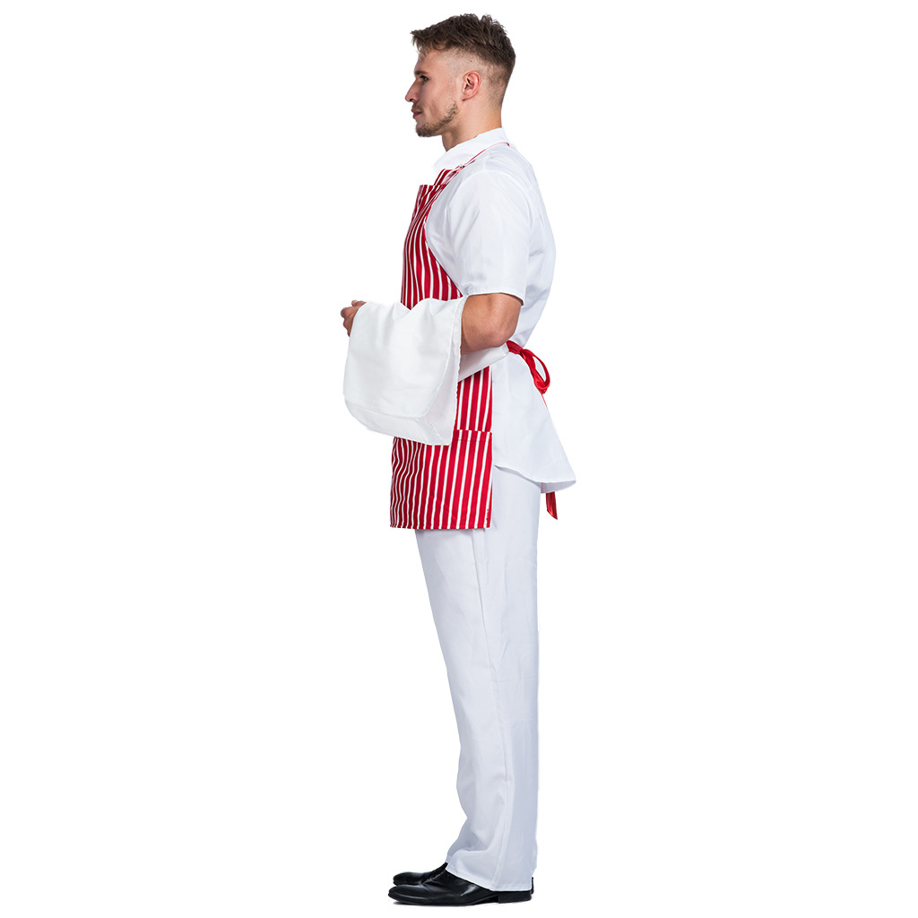 F99025 Men red stripe apron Retro Diner Dude Costume